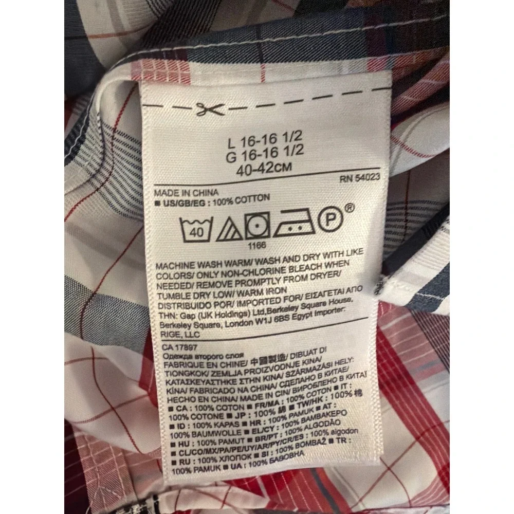Banana Republic Men L Camden Fit Non-Iron Plaid Button Down Shirt Red Navy White